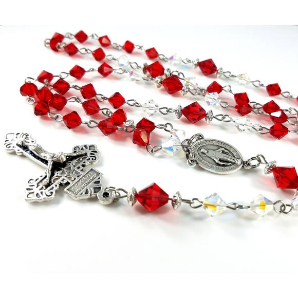 Vintage Red Clear Crystal Rosary, Pardon Crucifix, Hand Wire Wrapped - Picture 6 of 10